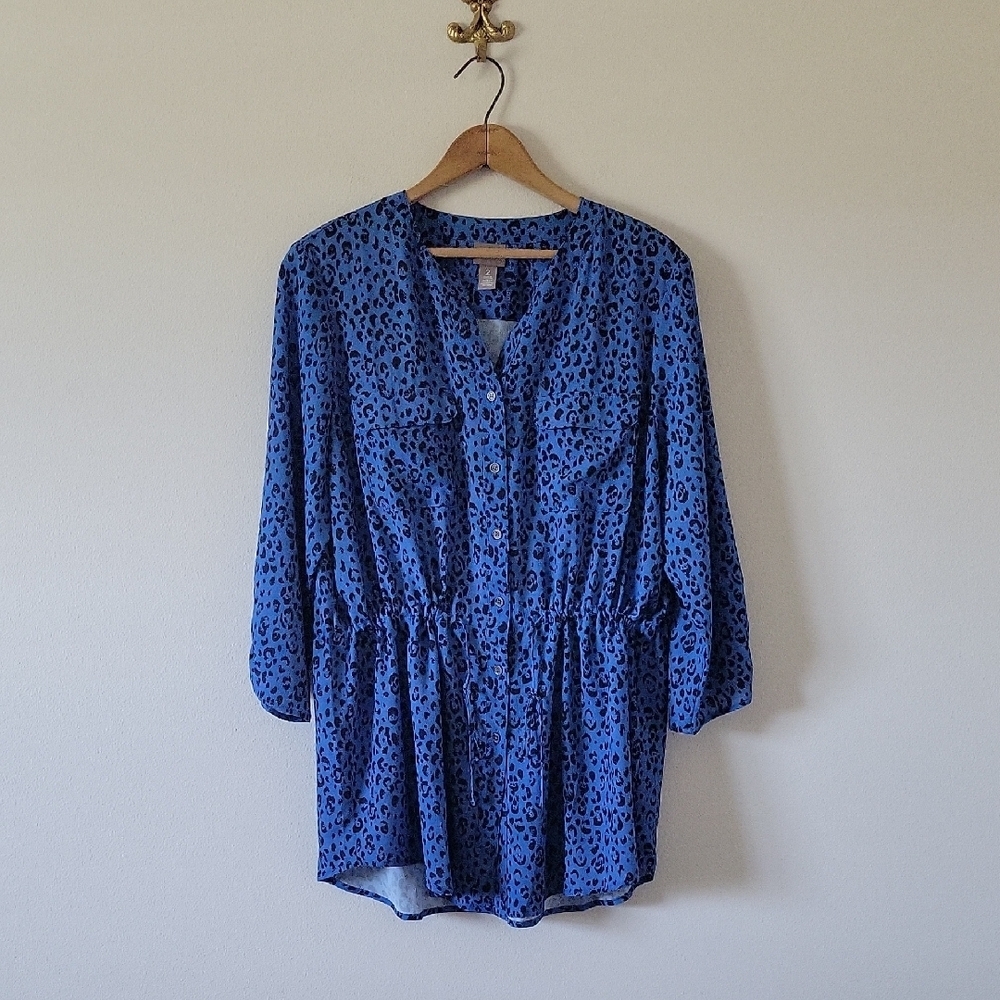 Chico's Blue Leopard Print Cinch Waist Button Down Tunic Size Large